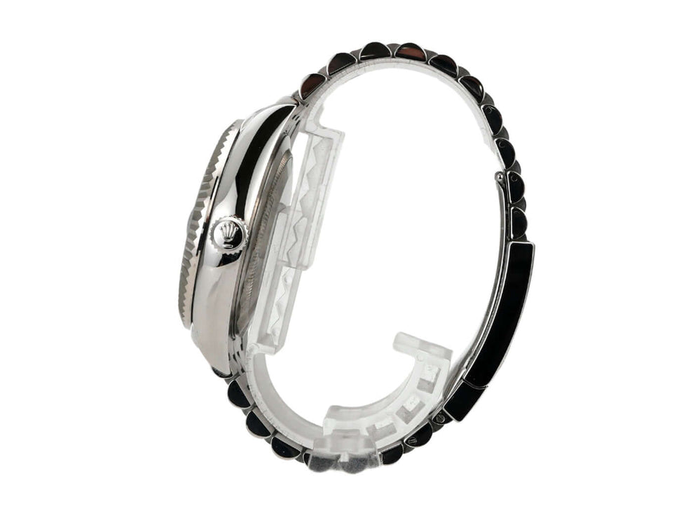 Rolex Sky-Dweller 326934 Edelstahl Weißgold Blau Jubile-Band seitlich mit Oysterclasp-Faltschließe.