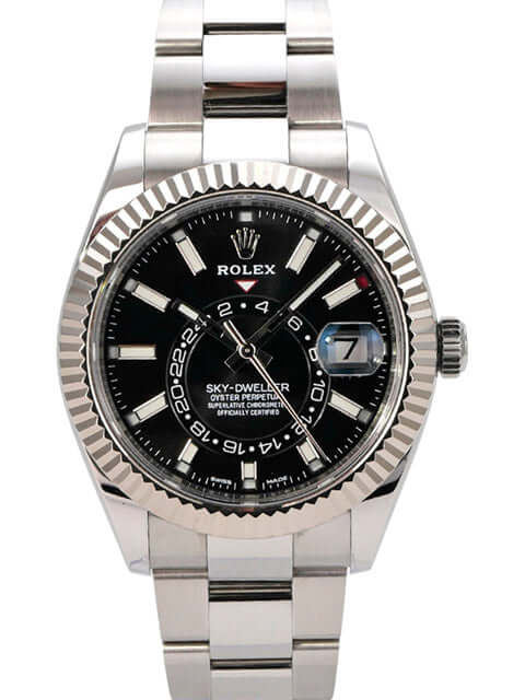 Rolex Sky-Dweller 326934 Schwarz edelstahl und weißgold mit schwarzem Zifferblatt und Oyster-Armband.
