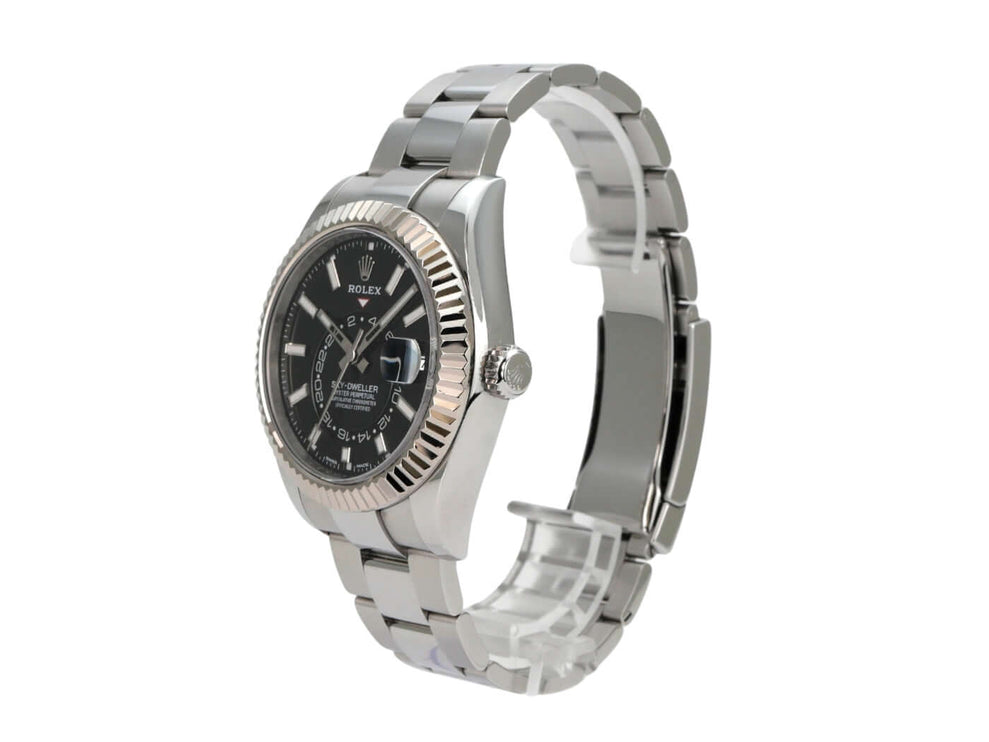 Rolex Sky-Dweller 326934 Schwarz seitliche Ansicht der Uhr mit Edelstahl- und Weißgoldarmband.