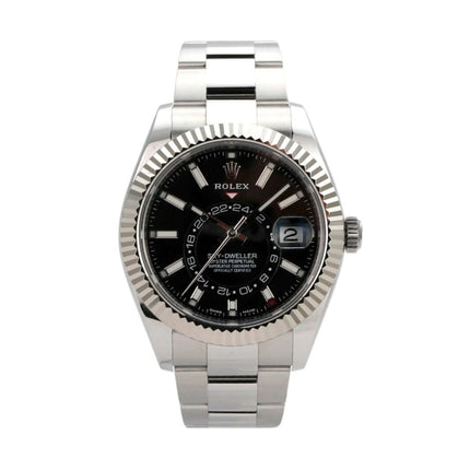 Rolex Sky-Dweller 326934 Edelstahl Weißgold mit schwarzem Zifferblatt und Oyster-Armband, 42 mm Gehäuse.