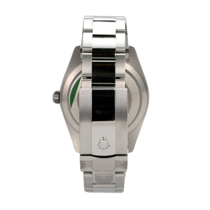 Detailaufnahme der Rolex Sky-Dweller 326934 mit poliertem Edelstahl-Armband und Oysterclasp-Faltschließe.