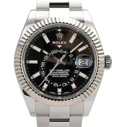 Rolex Sky-Dweller 326934 in Edelstahl und Weißgold mit schwarzem Zifferblatt und Oyster-Armband.