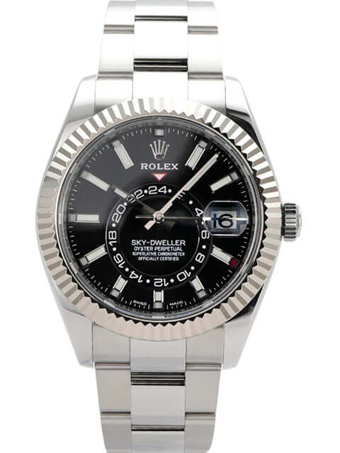 Rolex Sky-Dweller 326934 Edelstahl/Weißgold mit schwarzem Zifferblatt und Oyster-Armband, 42 mm Gehäusedurchmesser.
