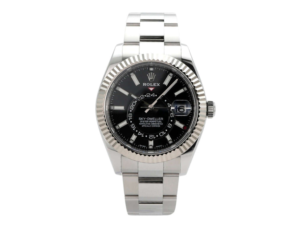 Rolex Sky-Dweller 326934, Edelstahl und Weißgold Uhr, schwarzes Zifferblatt, Oyster-Armband, Automatikwerk.