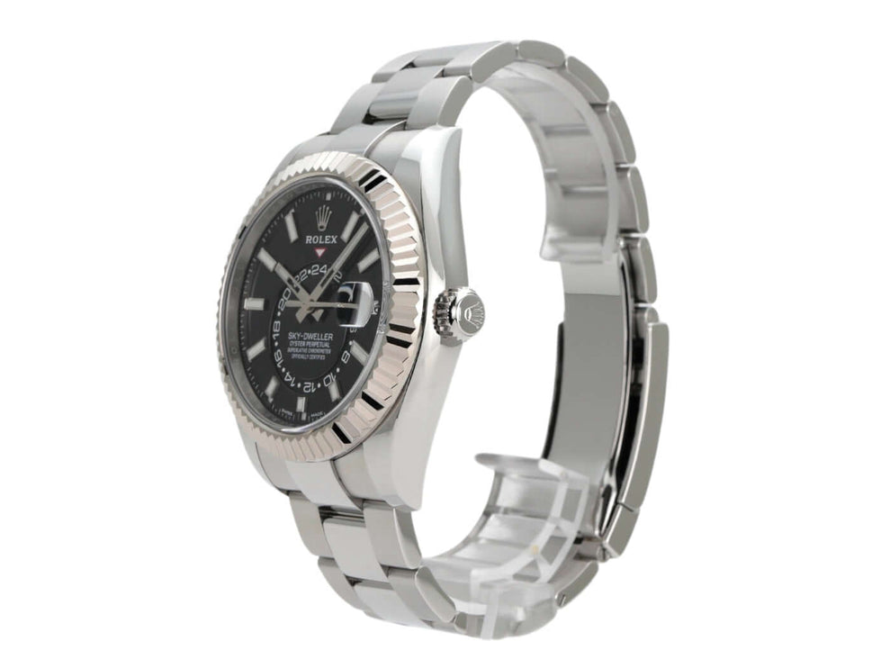 Rolex Sky-Dweller 326934 mit schwarzem Zifferblatt und Edelstahl/Weißgold Kombination.