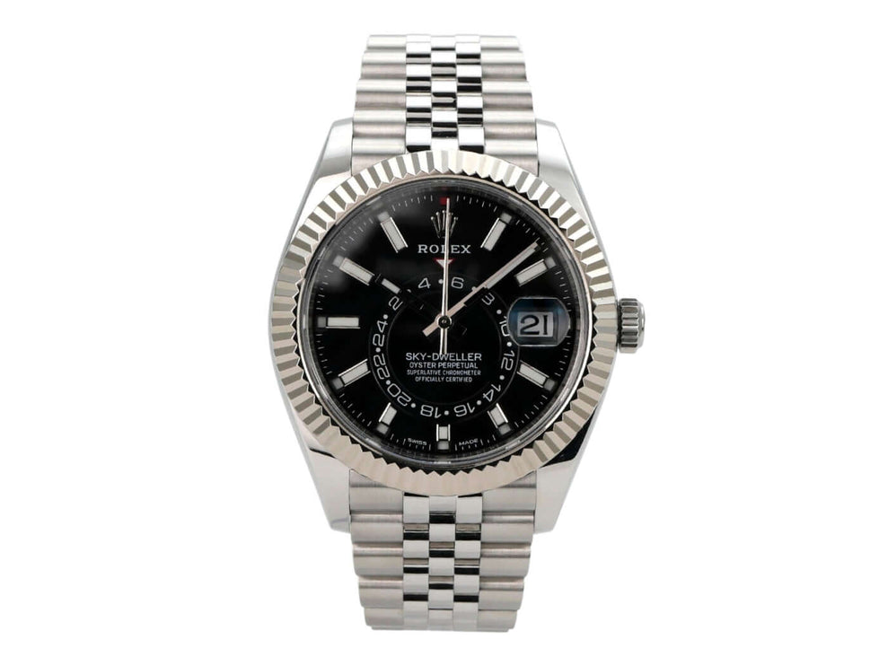 Rolex Sky-Dweller 326934 Schwarz Jubile-Band mit Edelstahl-Gehäuse und schwarzem Zifferblatt.