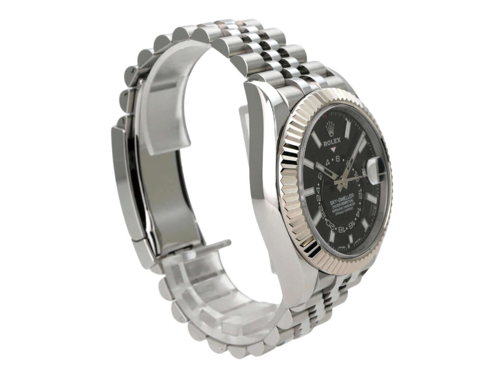 Rolex Sky-Dweller 326934 Schwarz Jubile-Band mit Edelstahl und Weißgold in Seitenansicht.