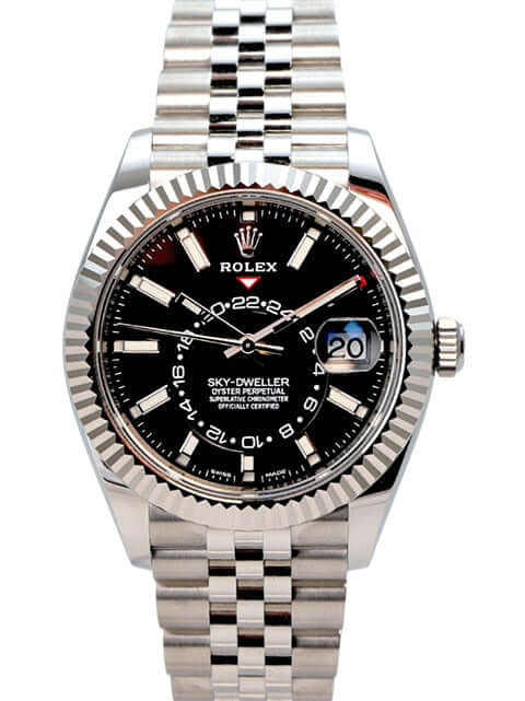Rolex Sky-Dweller 326934 Schwarz Jubile-Band auf Edelstahl- und Weißgoldarmband mit schwarzem Zifferblatt.