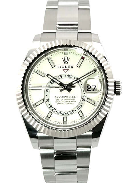 Rolex Sky-Dweller 326934 Edelstahl Weißgold Ref. 326934 weißes Zifferblatt, poliertes und satiniertes Gehäuse, Oyster-Armband, Datum anzeigen.