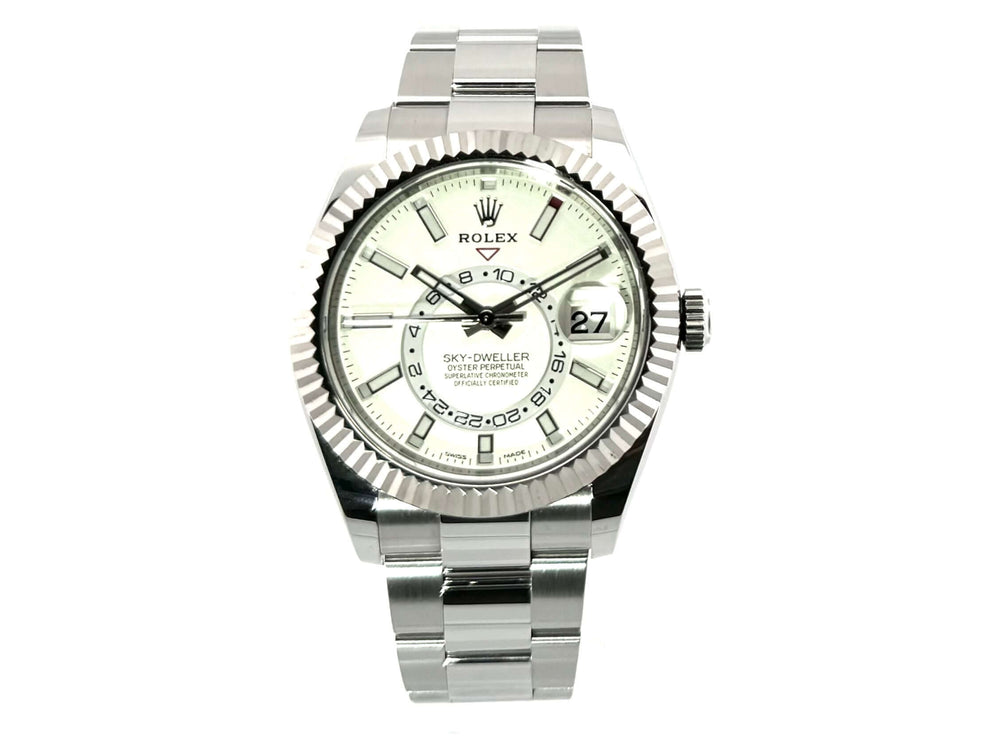 Rolex Sky-Dweller 326934 Edelstahl Weißgold, weißes Zifferblatt, Oyster-Armband, Dreh-Lünette, poliert und satiniert, 42 mm, 2020 Modell.