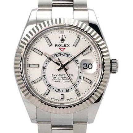Rolex Sky-Dweller 326934 Weiß, Edelstahl und Weißgold, weißes Zifferblatt, automatische Uhr, 42 mm Gehäusedurchmesser.