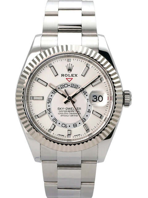 Rolex Sky-Dweller 326934 Weiß, Edelstahl und Weißgold, weißes Zifferblatt, automatische Uhr, 42 mm Gehäusedurchmesser.