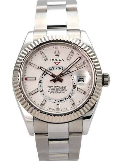Rolex Sky-Dweller 326934 Weiß Uhr mit Edelstahl- und Weißgold-Gehäuse, weißem Zifferblatt und Oyster-Armband.