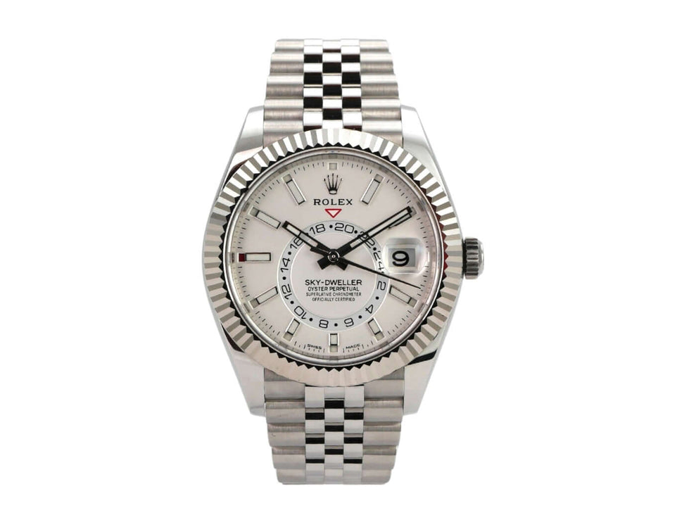 Rolex Sky-Dweller 326934 Weiß Jubile-Band mit weißem Zifferblatt und Jubilee-Armband aus Edelstahl.