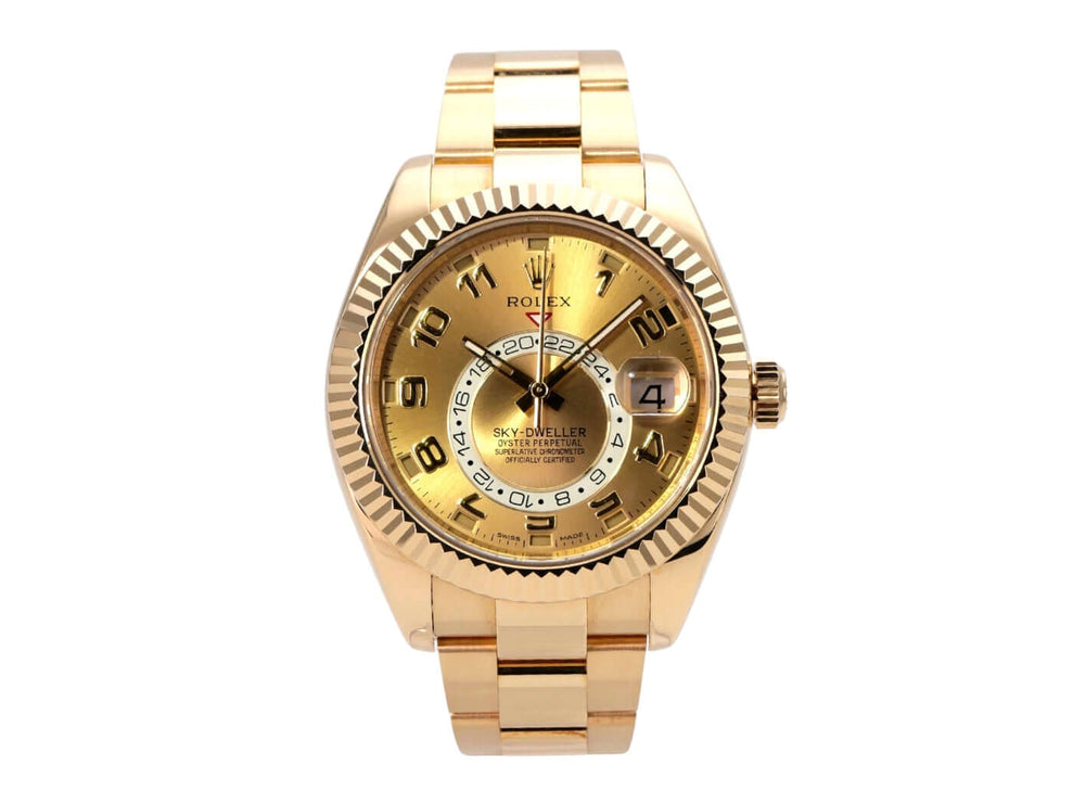 Rolex Sky-Dweller 326938 Gelbgold Champagnerfarben mit Oyster-Armband und champagnerfarbenem Zifferblatt