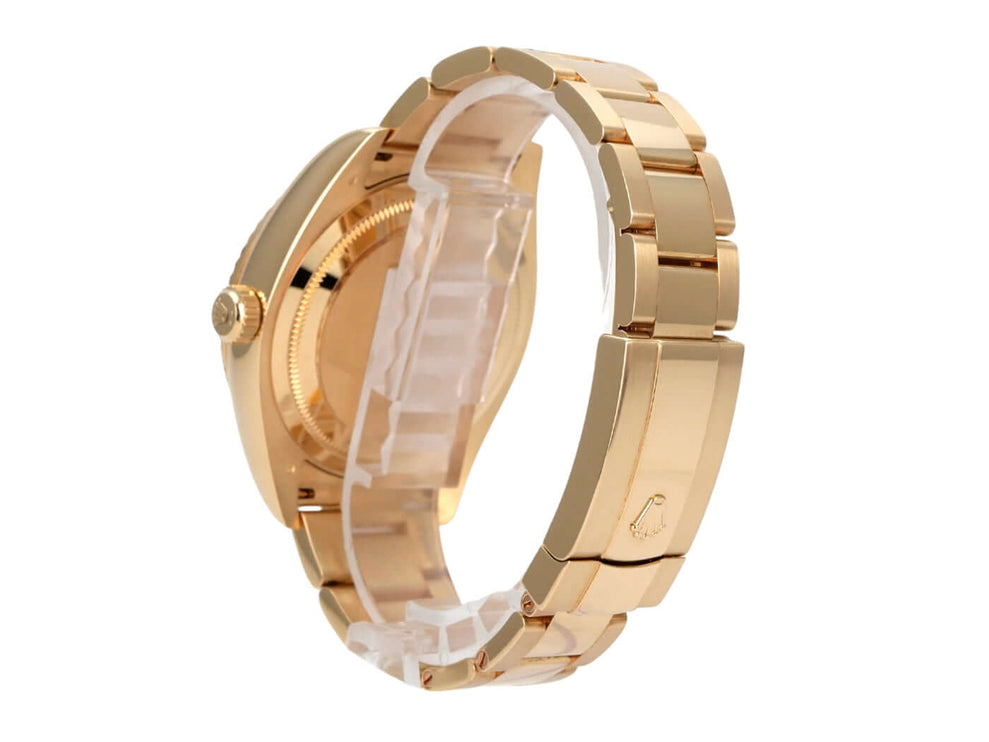 Rolex Sky-Dweller 326938 Gelbgold Champagnerfarben, luxuriöse Seitenansicht mit Gelbgoldarmband und Oysterclasp