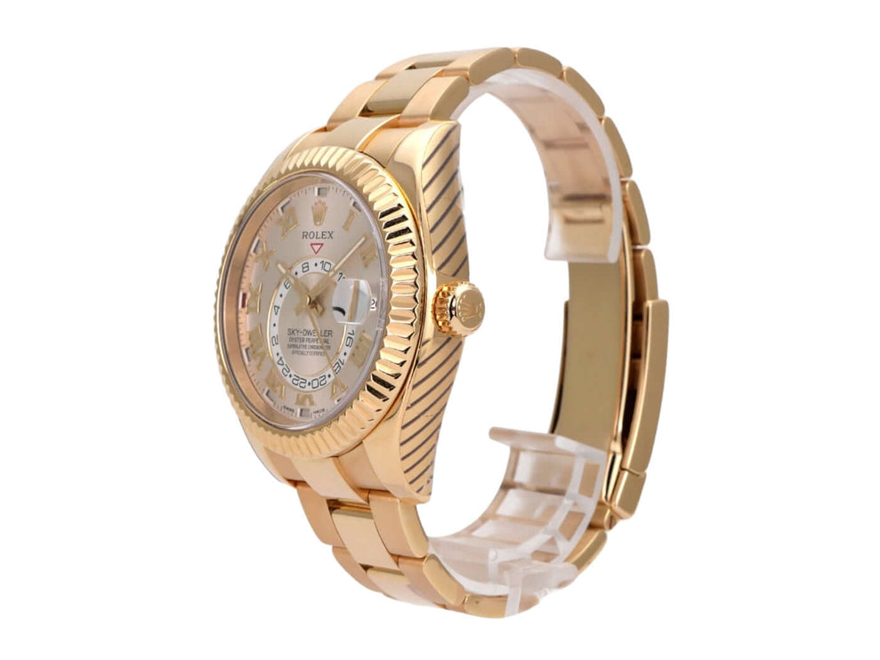 Rolex Sky-Dweller 326938 Gelbgold Silber Römisch Detailansicht der Uhr mit champagnerfarbenem Zifferblatt