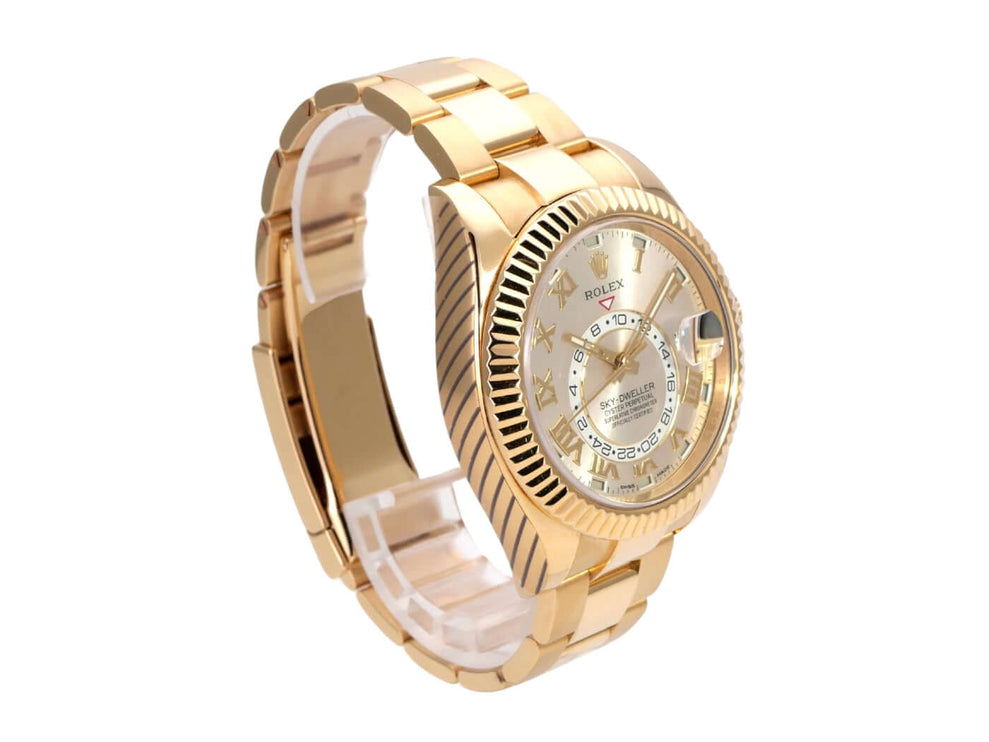 Rolex Sky-Dweller 326938 Gelbgold Silber Römisch mit poliertem Gehäuse und silberfarbenem Zifferblatt