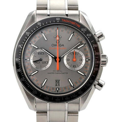 Omega Speedmaster Racing Master Chronometer 329.30.44.51.06.001 Chronograph mit grauem Zifferblatt und Edelstahlarmband.