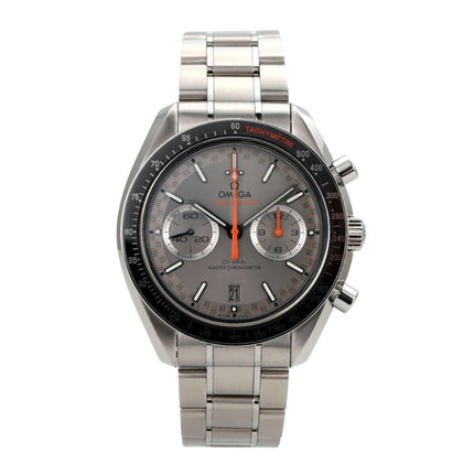Omega Speedmaster Racing Chronograph 329.30.44.51.06.001 mit grauem Zifferblatt und Edelstahlband.