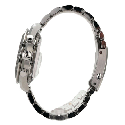 Omega Speedmaster Racing Chronograph Ref. 329.30.44.51.06.001, seitliche Ansicht mit Edelstahlband.