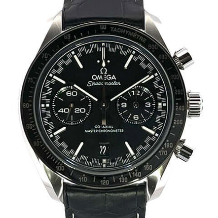 Omega Speedmaster Racing Master Chronometer 329.33.44.51.01.001 Chronograph mit schwarzem Zifferblatt und Lederband.