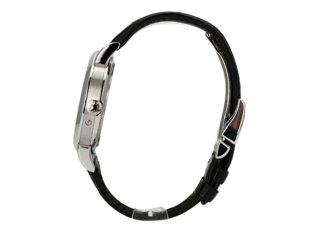 A. Lange & Söhne Saxonia Jahreskalender Platin 330.025, seitliche Ansicht mit Alligatorlederband.