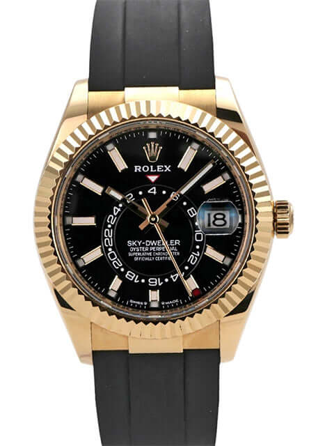 Rolex Sky-Dweller Gelbgold auf Oysterflex mit schwarzem Zifferblatt und Datum, Ref. 336238, 42 mm Gehäuse.