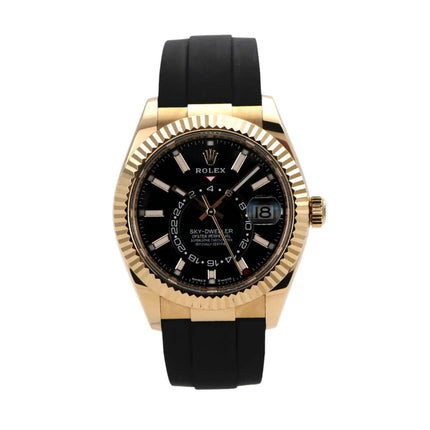 Rolex Sky-Dweller Gelbgold Oysterflex 336238 mit schwarzem Zifferblatt und 18 kt Gelbgold Lünette.