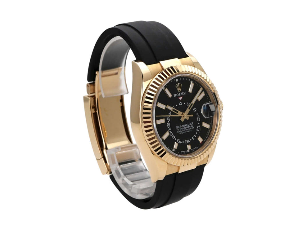 Rolex Sky-Dweller Gelbgold mit Oysterflex-Band und schwarzem Zifferblatt, Ref. 336238, elegante Luxusuhr.