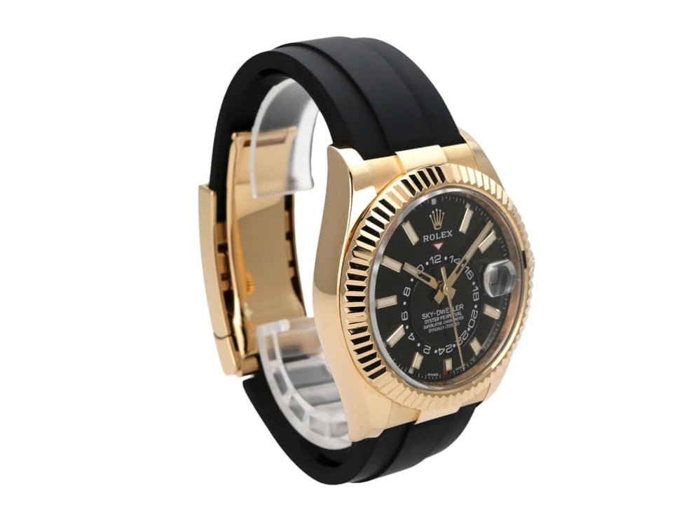 Rolex Sky-Dweller Gelbgold Oysterflex 336238 Schwarz seitliche Ansicht auf schwarzem Hintergrund