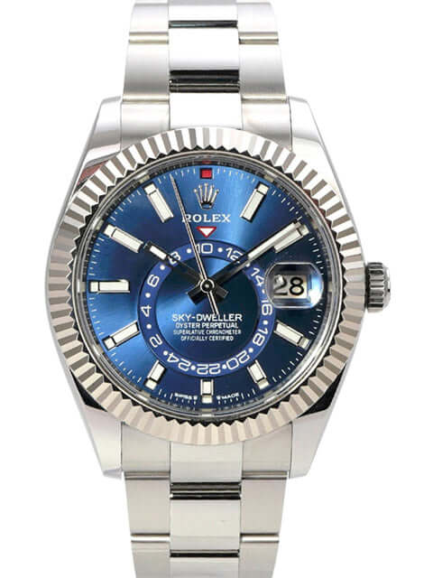 Rolex Sky-Dweller 336934 Blau Edelstahlarmband und blaues Zifferblatt mit aufgesetzten Leuchtindizes.