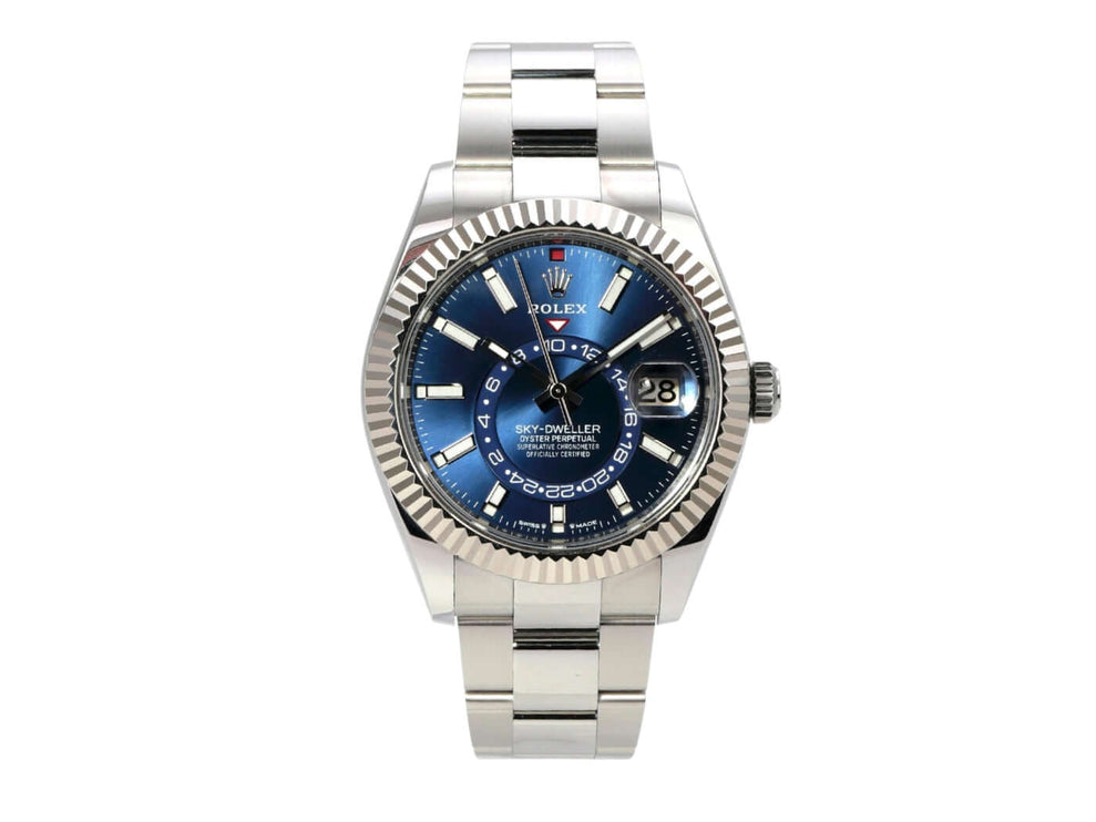 Rolex Sky-Dweller 336934 Blau - Edelstahl/Weißgold Uhr mit blauem Zifferblatt und Oyster-Armband.