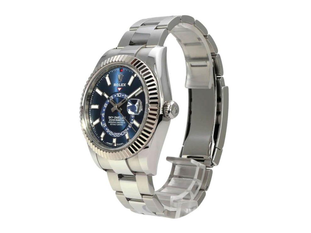 Rolex Sky-Dweller 336934 Blau Uhr mit Edelstahl und Weißgold, blaues Zifferblatt und Oyster-Armband.