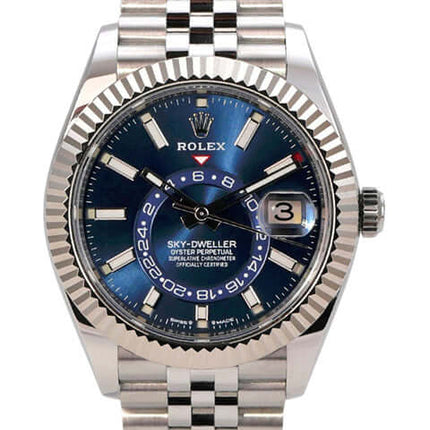 Rolex Sky-Dweller 336934 Blau Jubile-Band - Detailansicht des Gehäuses aus Edelstahl und Weißgold