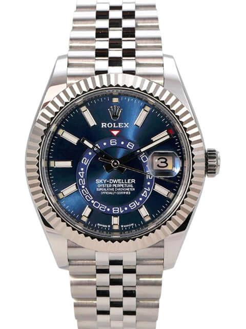 Rolex Sky-Dweller 336934 Blau Jubile-Band - Detailansicht des Gehäuses aus Edelstahl und Weißgold