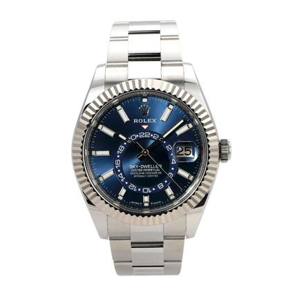 Rolex Sky-Dweller 336934 Blau mit Edelstahlgehäuse und blauem Zifferblatt, Automatikwerk und Oyster-Armband.