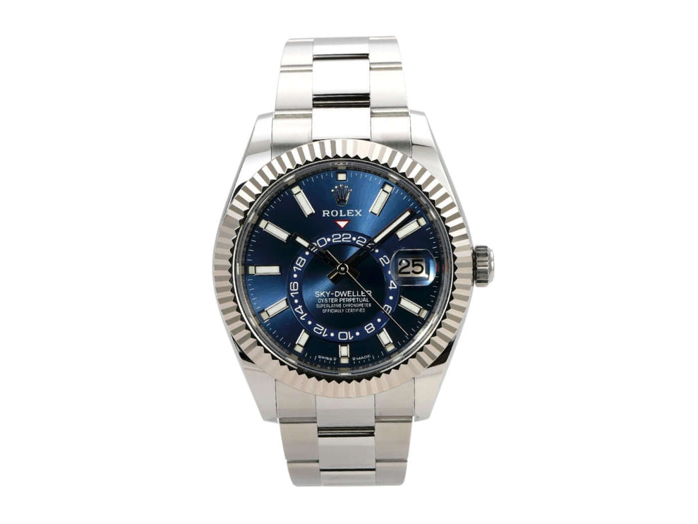 Rolex Sky-Dweller 336934 Blau mit Edelstahlgehäuse und blauem Zifferblatt, Automatikwerk und Oyster-Armband.