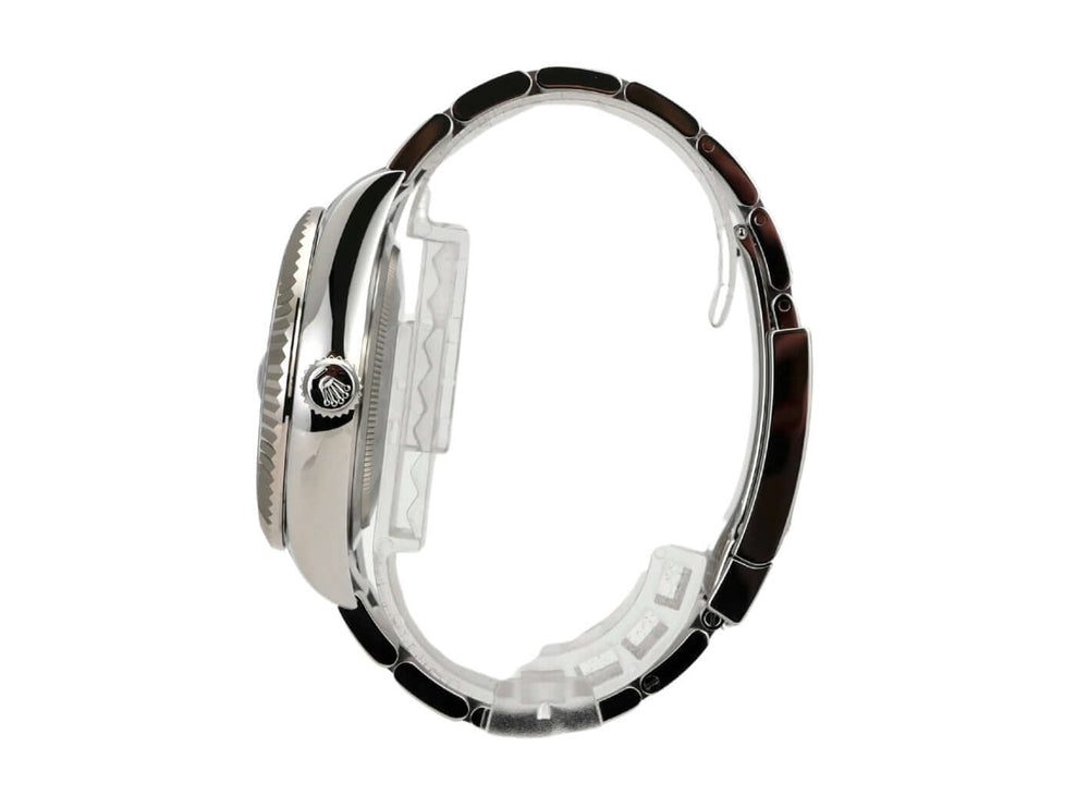 Rolex Sky-Dweller 336934 Blau seitliche Ansicht des Edelstahlgehäuses mit Oyster-Armband.