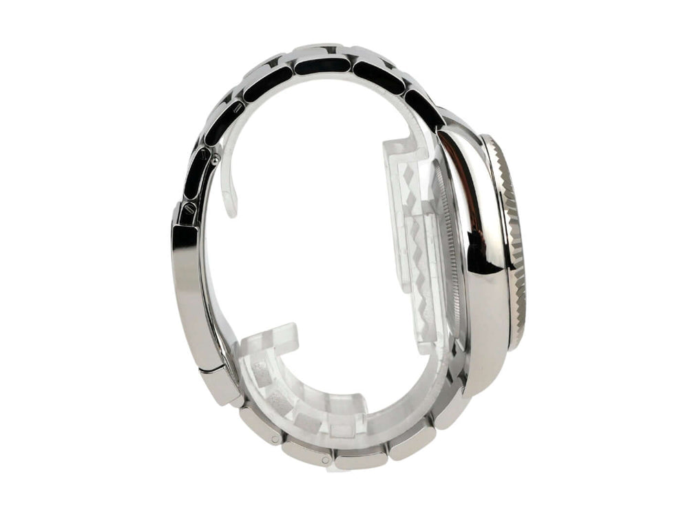 Rolex Sky-Dweller 336934 Blau Edelstahl-Gehäuse seitliche Ansicht mit Oyster-Armband und drehbarer Lünette.