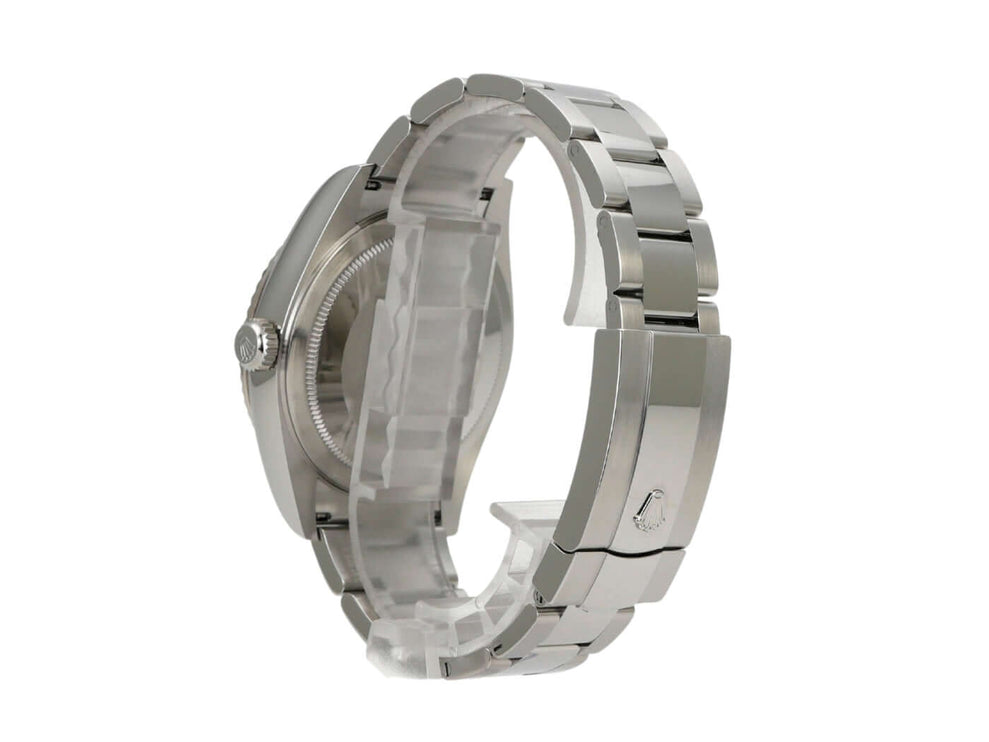 Rolex Sky-Dweller 336934 Blau seitliche Ansicht des Edelstahlarmbandes und Gehäuses.