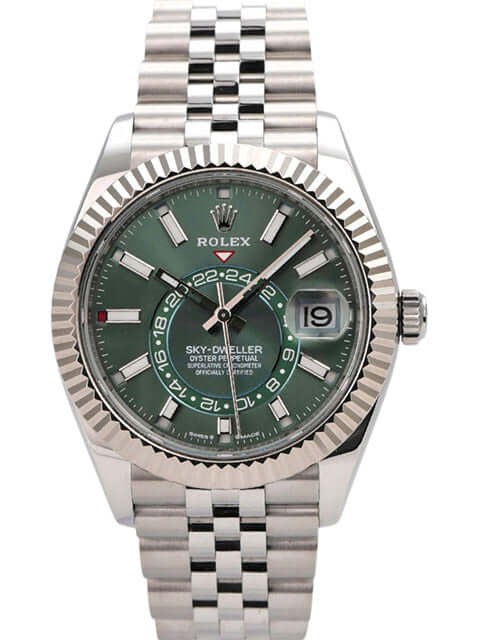 Rolex Sky-Dweller 336934 mit mintgrünem Zifferblatt und poliertem Jubile-Armband aus Edelstahl.