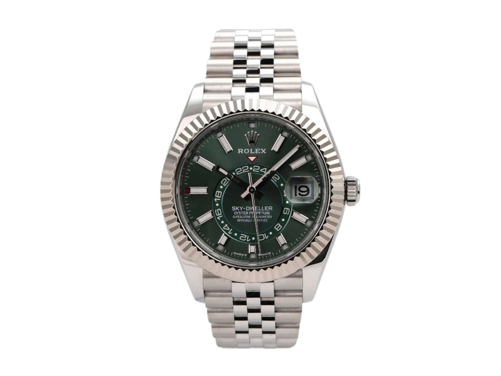 Rolex Sky-Dweller 336934 Mintgrün mit Jubile-Band und grüner Zifferblatt, Edelstahl und Weißgold, 42 mm, Automatikwerk.