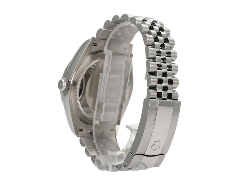Rolex Sky-Dweller Ref. 336934 Mintgrün, Edelstahlgehäuse, Jubile-Armband, elegante Uhr von der Seite.