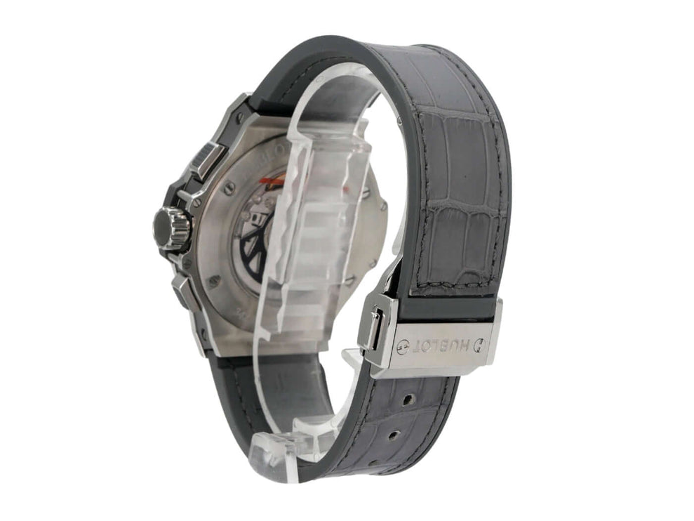 Hublot Big Bang Earl Grey 342.ST.5010.LR.1104 mit grauem Lederarmband und Edelstahl-Gehäuse von der Seite