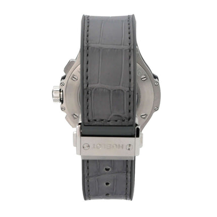 Hublot Big Bang Earl Grey 342.ST.5010.LR.1104 mit grauem Lederarmband und Edelstahlgehäuse von hinten