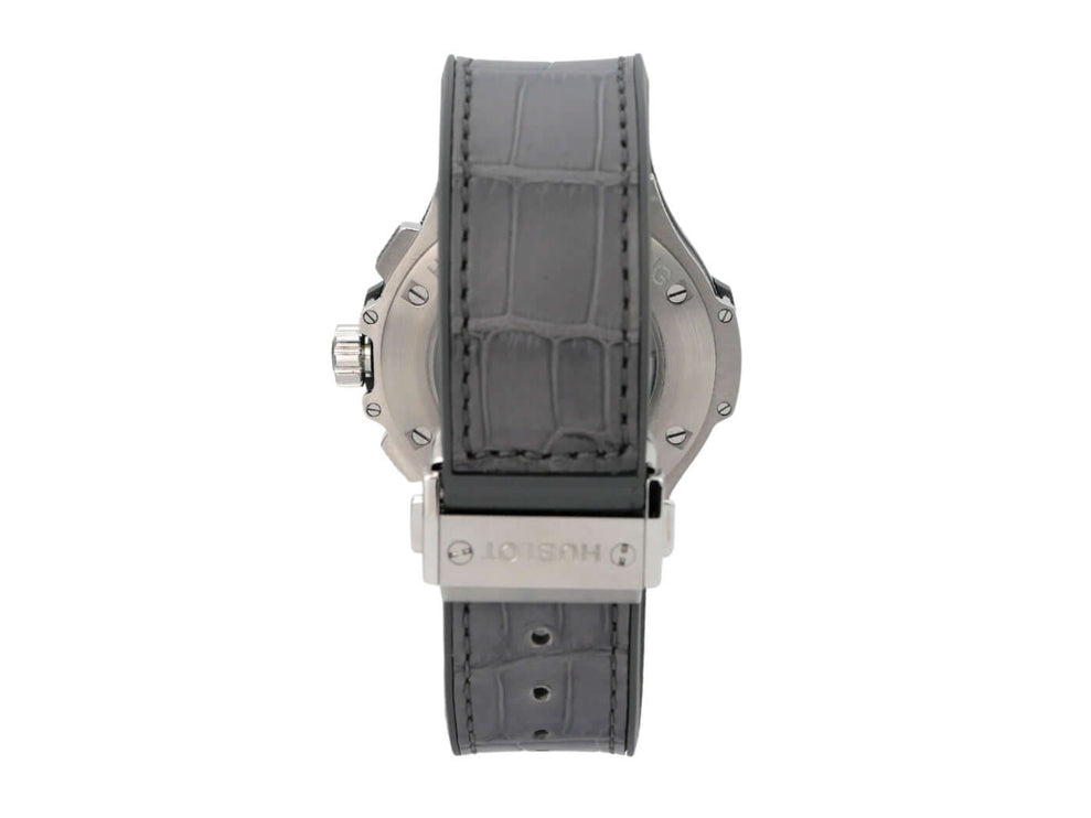 Hublot Big Bang Earl Grey 342.ST.5010.LR.1104 mit grauem Lederarmband und Edelstahlgehäuse von hinten