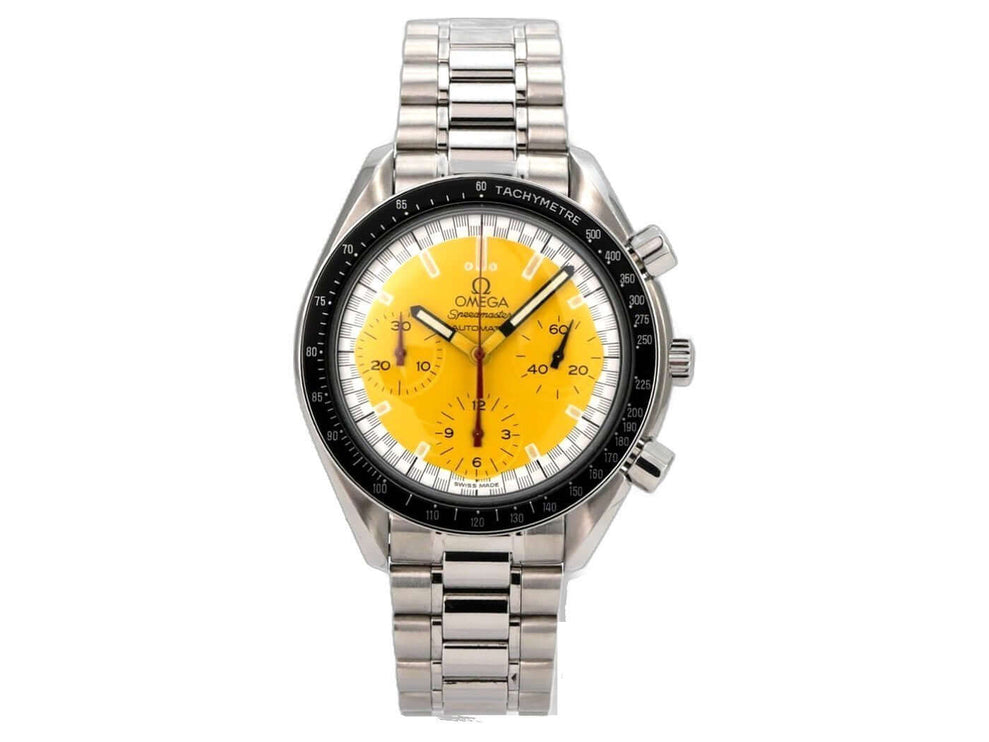 OMEGA Speedmaster Reduced Ref. 3510.12.00 mit gelbem Zifferblatt, Edelstahlgehäuse und Tachymeter-Lünette