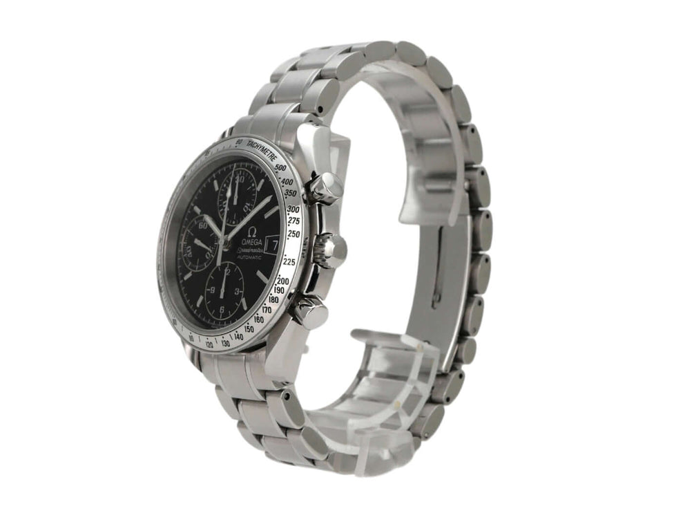 OMEGA Speedmaster Ref. 3513.50.00 Uhr mit schwarzem Zifferblatt und Edelstahlarmband, 39mm Gehäusedurchmesser.