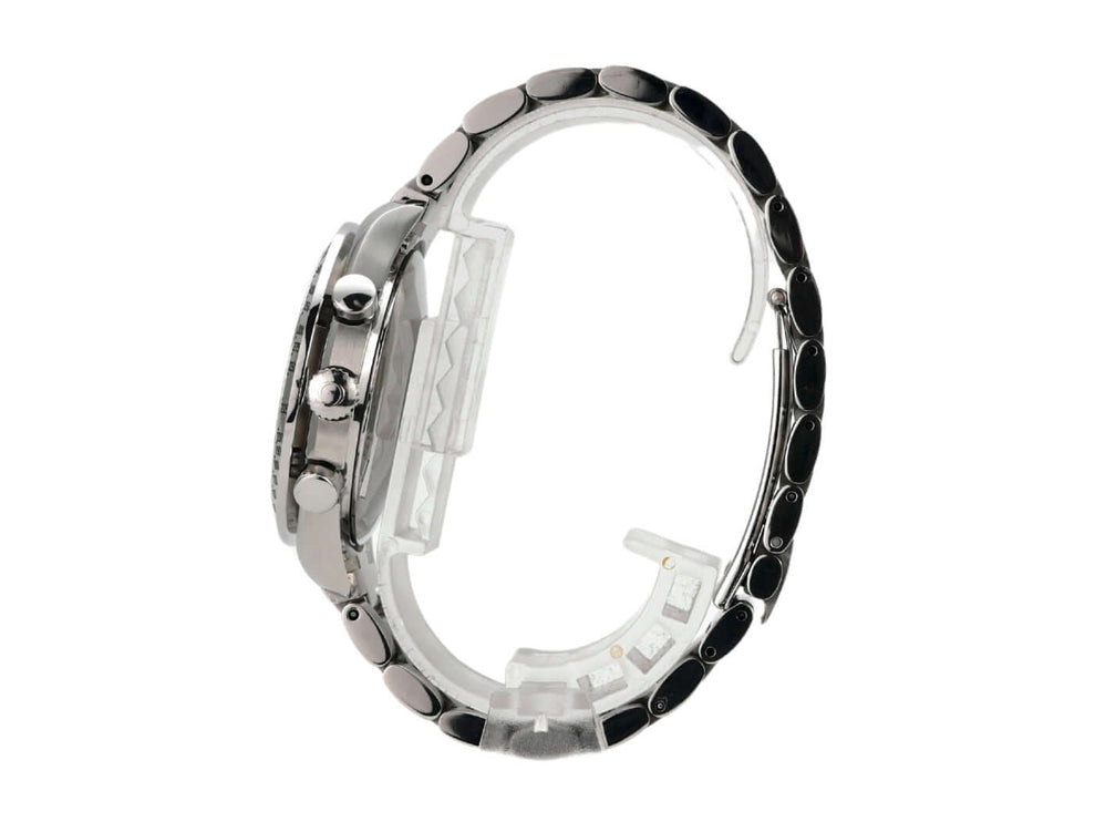 OMEGA Speedmaster Ref. 3513.50.00 Edelstahl-Armband und Gehäuse, seitliche Ansicht mit polierten und satinierten Oberflächen.